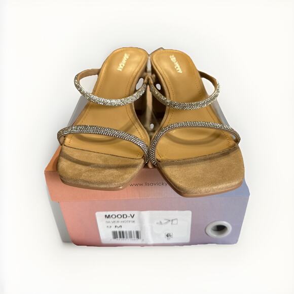 Lisa Vicky Shoes - Lisa Vicky Mood Slide Sandals Pave Crystals Silver Hotfix Heels Tan Size 9